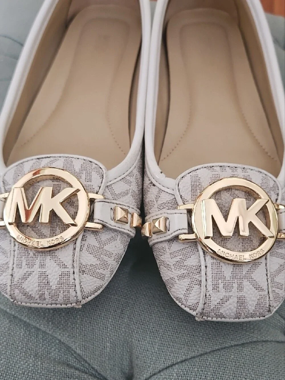 Michael Kors Cream Logo Ballet Flats with Gold Emblem